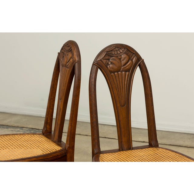 1930s Set of Six French Art Deco Carved Maple & Cane Dining Chairs For Sale - Image 15 of 18
