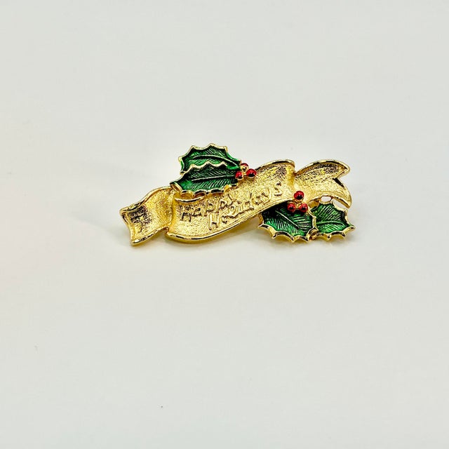 Mid-Century Modern 1950s Vintage Boho Chic Americana Christmas Happy Holidays Ribbon Brooch, Gerry’s Creatives For Sale - Image 3 of 6