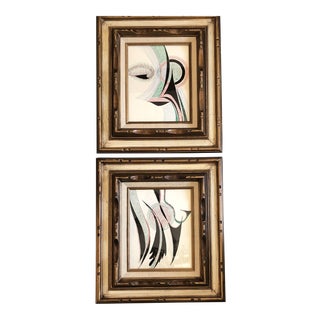Gallery Wall Collection-2 Vintage Abstract Colored Ink Drawings Vintage Frames- Set of 2 For Sale