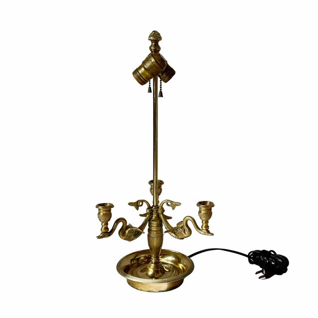 Vintage, mid 20th century French Empire style three arm lamp. Cast brass, having swans on candelabra arms..