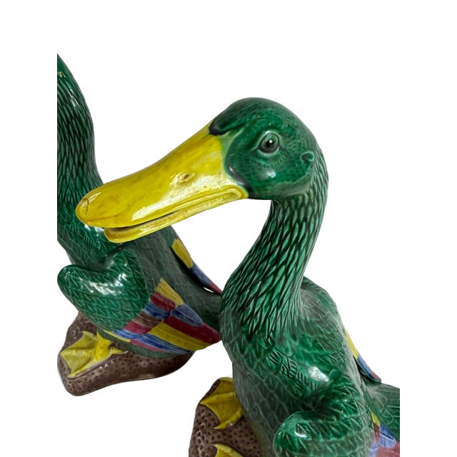 Printmaking Materials Mid 20th Century Chinese Export Hand-Painted Polychrome Ceramic Mallard Ducks - A Pair For Sale - Image 7 of 10