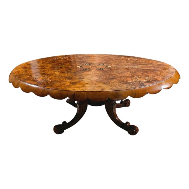 Antique Oval Burlwood Coffee Table With Marquetry Inlay and Scalloped Edge For Sale