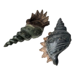 Vintage Polychrome Carved Wooden Seashells, 1950, Set of 2 For Sale