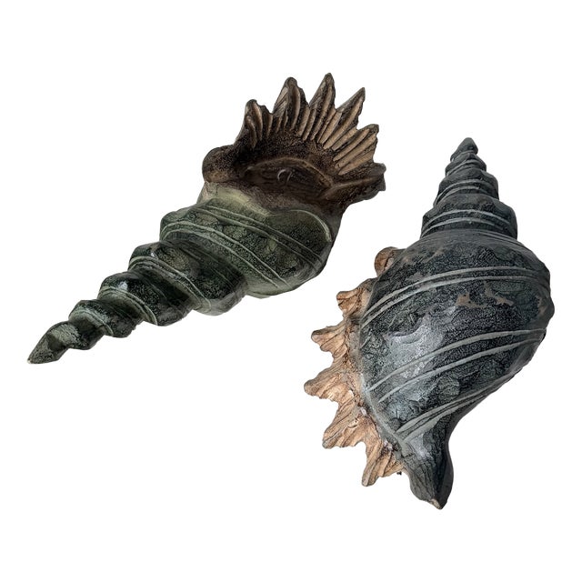 Vintage Polychrome Carved Wooden Seashells, 1950, Set of 2 For Sale
