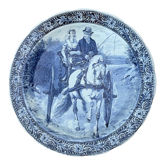 Vintage Boch Belgium Blue & White Decorated Scenic 15.5” Charger White Horse For Sale