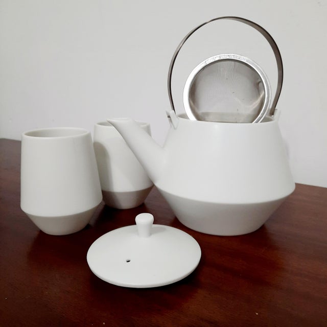 2020s Contemporary Frustum Japanese Mino Ware Ceramic Teapot & 2 Cup Set- 3 pcs For Sale - Image 5 of 6