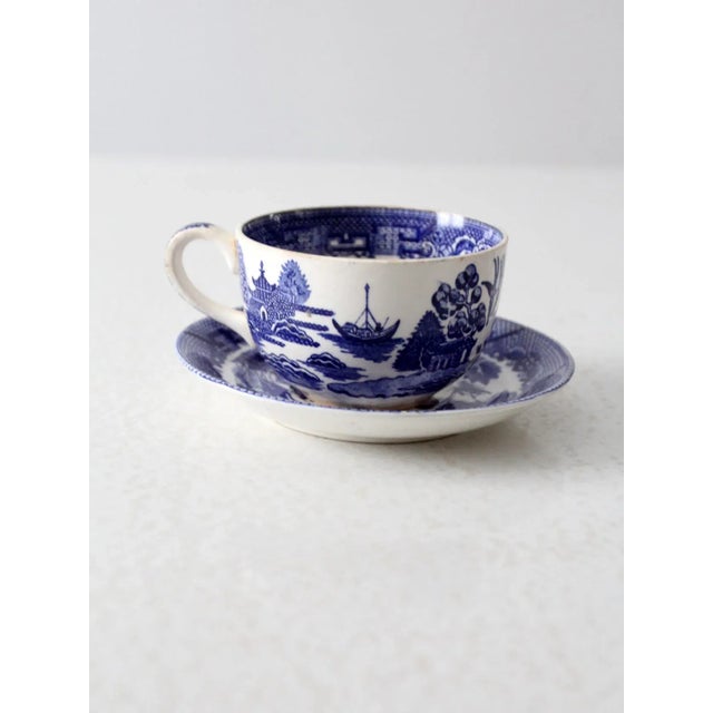 Farmhouse Vintage Blue Willow Tea Cups & Saucers - Service for 3 For Sale - Image 3 of 12
