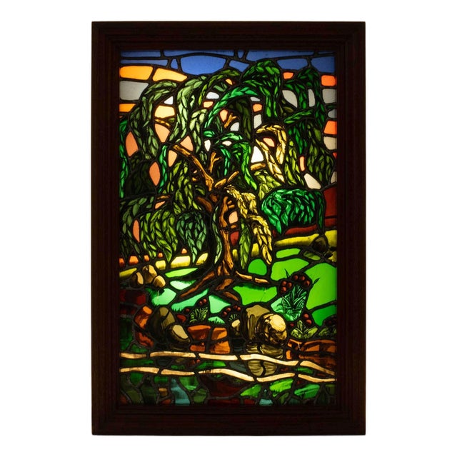 Modern Landscape Electrified Stained Glass Panel For Sale