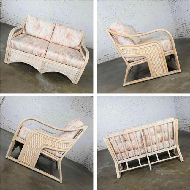 Wood Cerused Reeded Rattan Love Seat & Lounge Chair Manner of Gabriella Crespi For Sale - Image 7 of 13