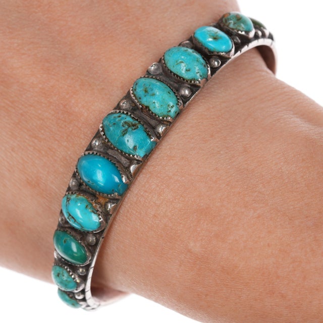 6 7/8" c1920's Navajo ingot silver turquoise row cuff bracelet. Weight and measurements in pics. Solid silver (90% or...