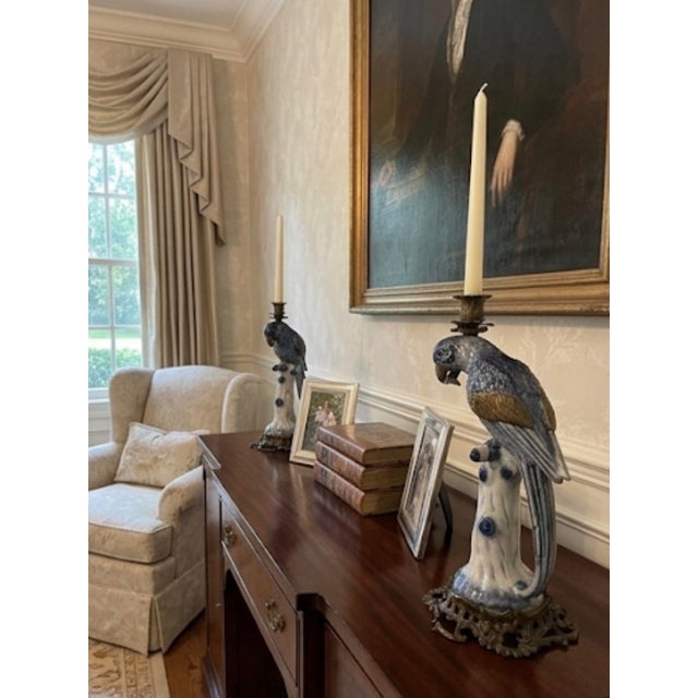 A Pair of Vintage Hollywood Regency Style Blue & White Ceramic Parrot Candle Holders For Sale - Image 10 of 12