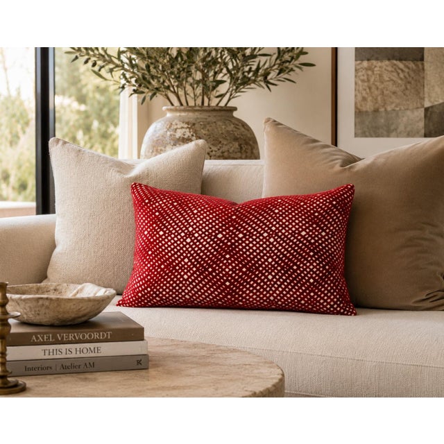 Late 20th Century Red Geometric Cut Velvet Lumbar Pillow With Down Insert For Sale - Image 5 of 8