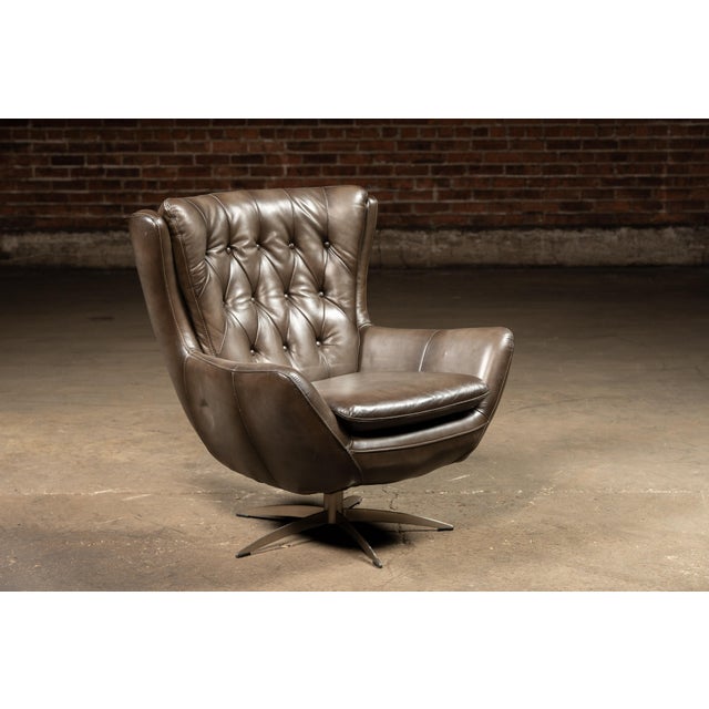 MCM Tufted Leather Wingback Swivel Chair With Ottoman in Grey For Sale - Image 4 of 12