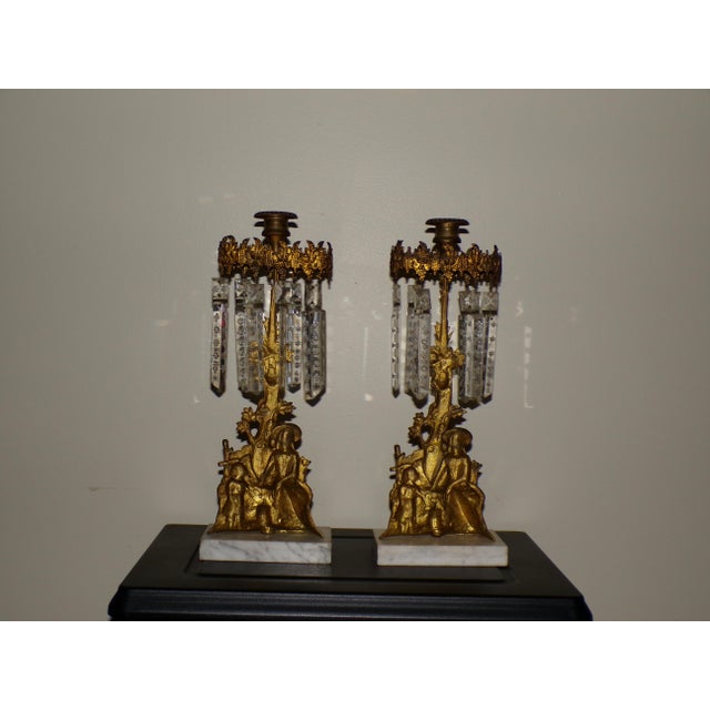 Pair Antique Victorian Girandoles Brass Marble Crystal Candelabra Candle Holders For Sale - Image 15 of 15