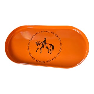 Equestrian Hermes Inspired Orange Lacquer Bar Tray For Sale