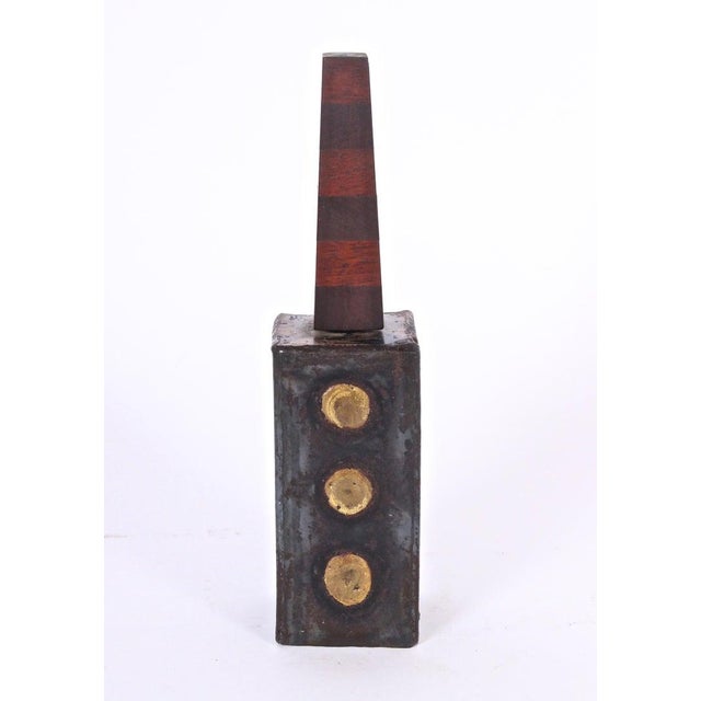 Wood Paul Evans & Phillip Lloyd Powell Handcrafted Steel, Brass & Wood Brutalist Bell For Sale - Image 7 of 9