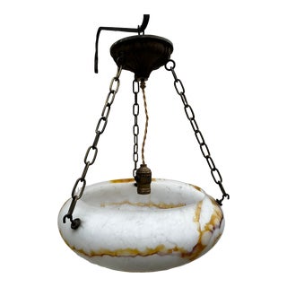 Vintage Czech Hanging Glass Bowl With Vintage Brass Hardware Fixture For Sale