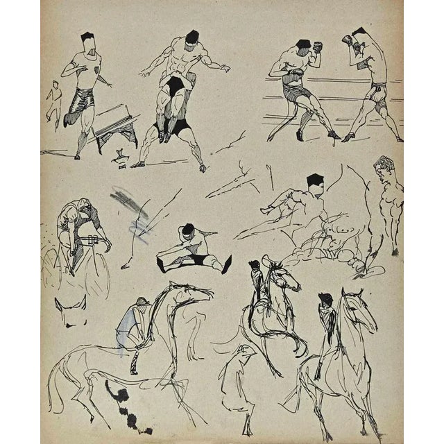 Sportsmen is an original Drawing on paper realized by French painter Norbert Meyre in the mid-20 century. Drawing in pen....
