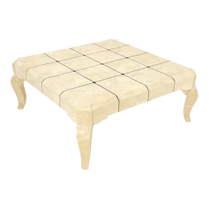 Tessellated Stone Fossil Top Brass Inlay Square Coffee Table on Cabriole Legs