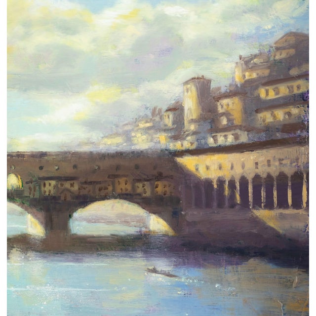 Impressionist Florence Ponte Vecchio by Christopher Clark | Oil and acrylic on wood panel cityscape with bridge For Sale - Image 3 of 4