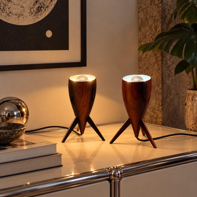 Wooden Rocket Tripod Table Lamps, 1960s, Set of 2 For Sale - Image 10 of 12