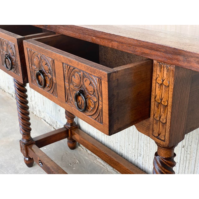 Brown 18th Carved Two-Drawer Baroque Spanish Walnut Console Table With Iron Hardware For Sale - Image 8 of 13
