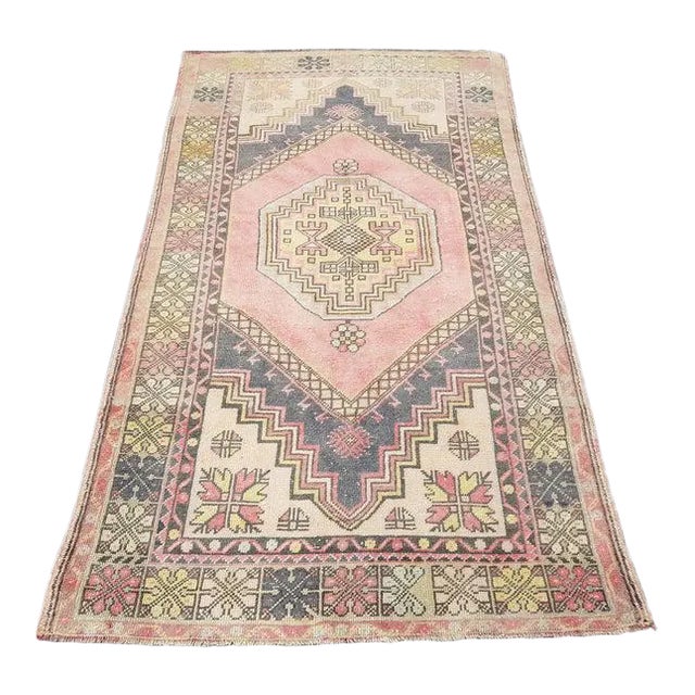1960s Vintage Wool Handmade Faded Rug- 3′11″ × 6′10″ For Sale