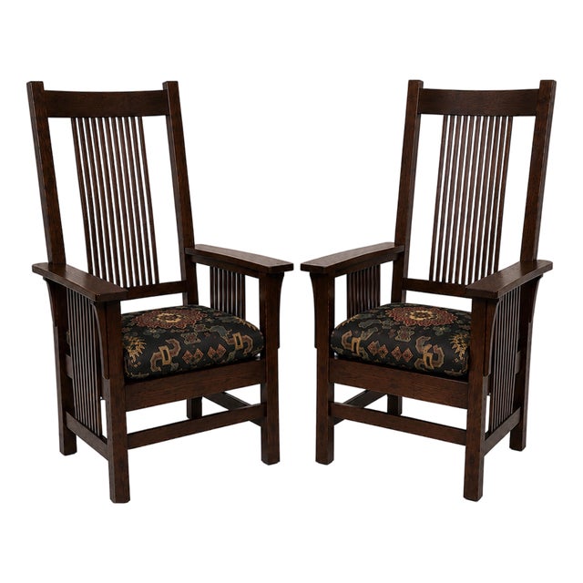 Chairish Title Pair of Stickley Handcraft Craftsman Mission Oak Armchairs With Original Upholstered Seats For Sale