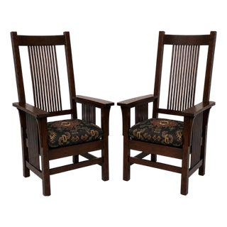 Pair of Stickley Handcraft Craftsman Mission Oak Armchairs With Original Upholstered Seats For Sale
