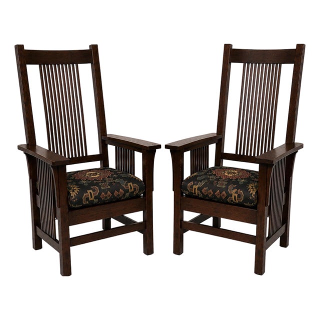 Pair of Stickley Handcraft Craftsman Mission Oak Armchairs With Original Upholstered Seats For Sale
