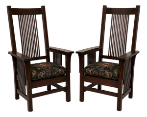 Pair of Stickley Handcraft Craftsman Mission Oak Armchairs With Original Upholstered Seats