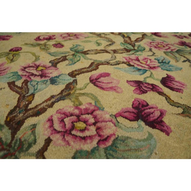 American 1930s Ivory Green Tree of Life Folk Art American Hooked Rug Rug 3'4" X 12 Hand Knotted Wool-Cotton Carpet For Sale - Image 3 of 6