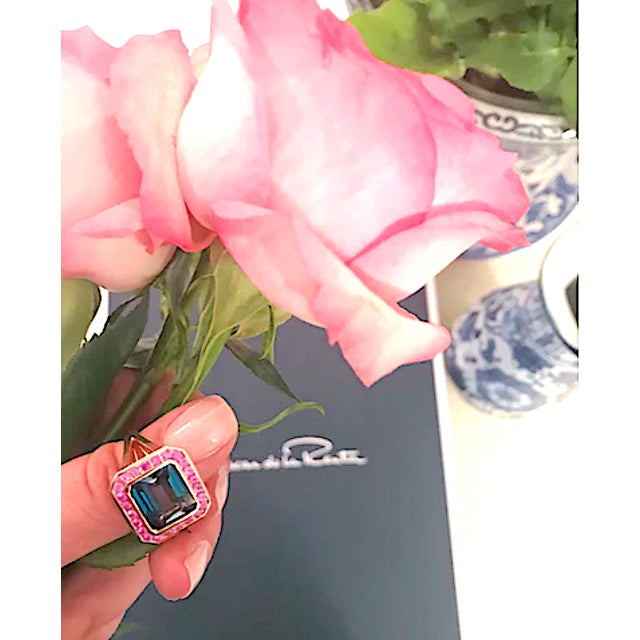 Christina Addison Yellow Gold Bezel Set Ring With Iolite and Surrounding Green Garnet For Sale - Image 4 of 12