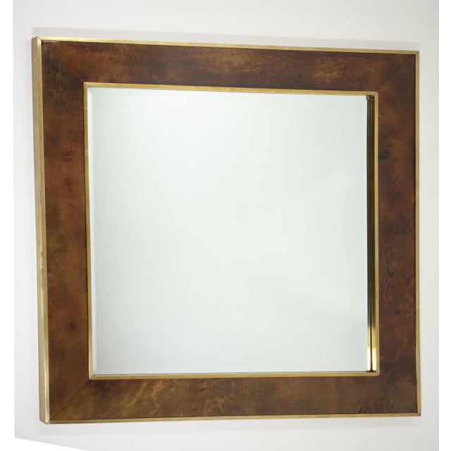 Mid-Century Modernist Brown Parchment and Brass Mirror by Aldo Tura, Italy, 1950 For Sale - Image 12 of 12