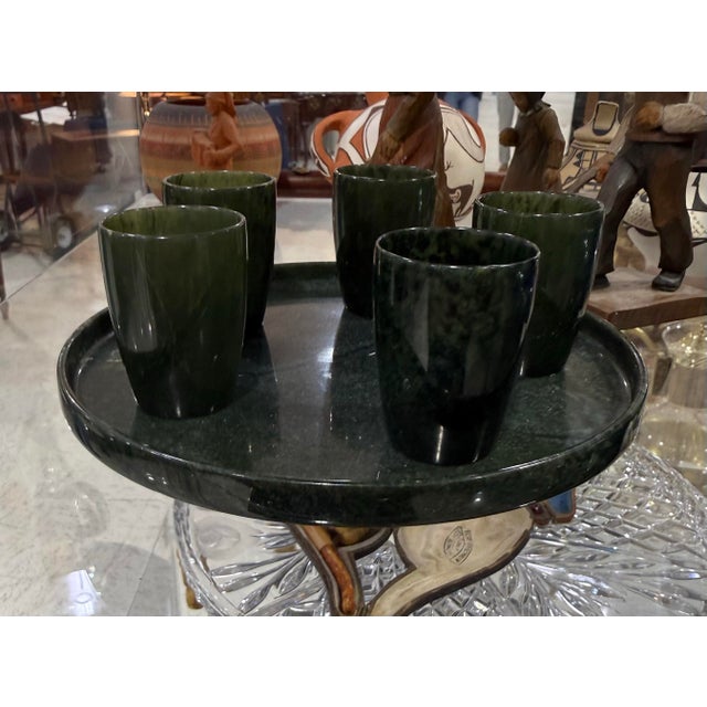 Vintage Set of Four Translucent Spinach Jade Cups And Tray Excellent condition This vintage set of four translucent...