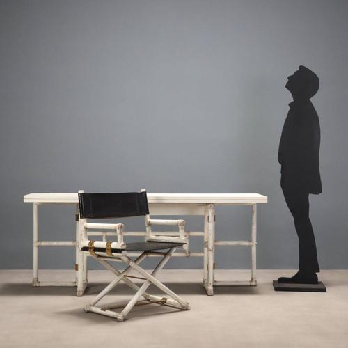 Console table convertible into a table and director's chair, solid bleached wood structure, leather seat and back, brass...