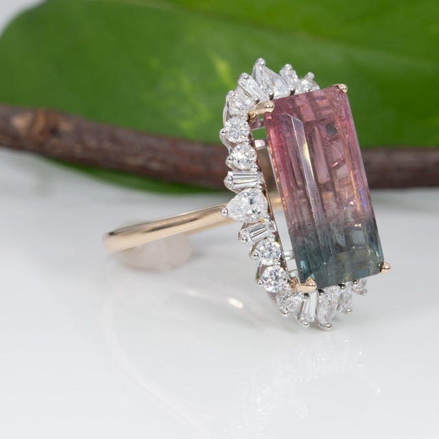 Metal 10Ct Bi-Color Tourmaline Ring With Lab Diamond Accents: Solid 14k Gold, 17x10mm, Size 6.75 For Sale - Image 7 of 9