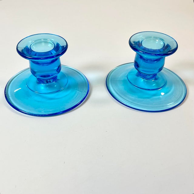 1940s 1940s Art Deco Boho Chic Hollywood Regency Depression Era Pressed Glass Candle Holders - A Pair For Sale - Image 5 of 13