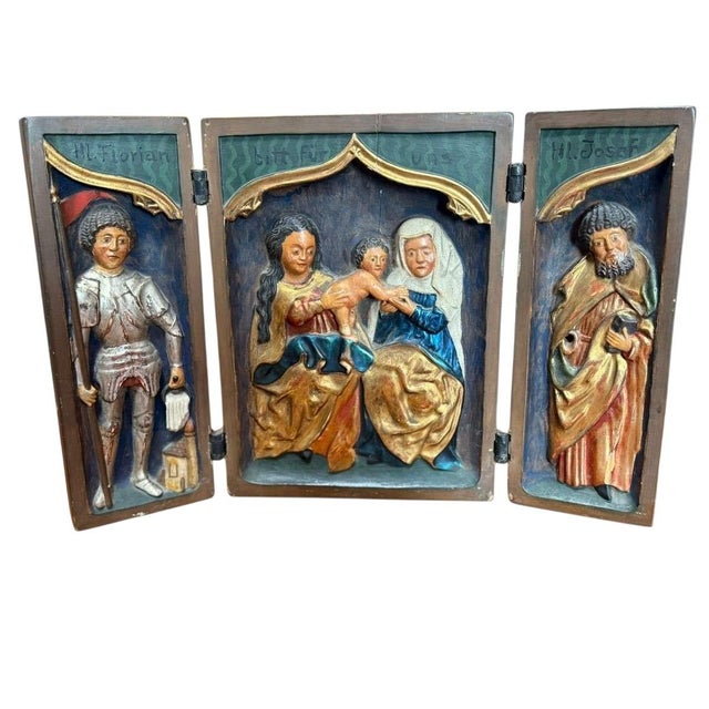 Late Gothic Polychromed Wooden Triptych Relief of Madonna and Child with Saints, 15th–16th Century For Sale - Image 18 of 18