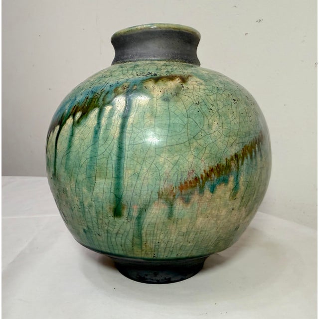 Abstract Vintage Signed Tom Neugebauer Black Green Drip Glaze Raku Blackware Pottery Vase For Sale - Image 3 of 14