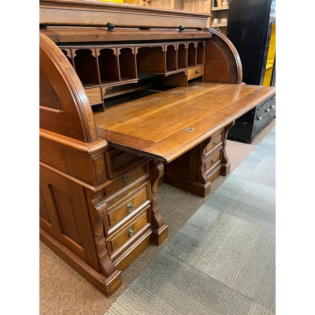 1800's Walnut Burlwood Rolltop Barrel Office Desk For Sale - Image 9 of 12