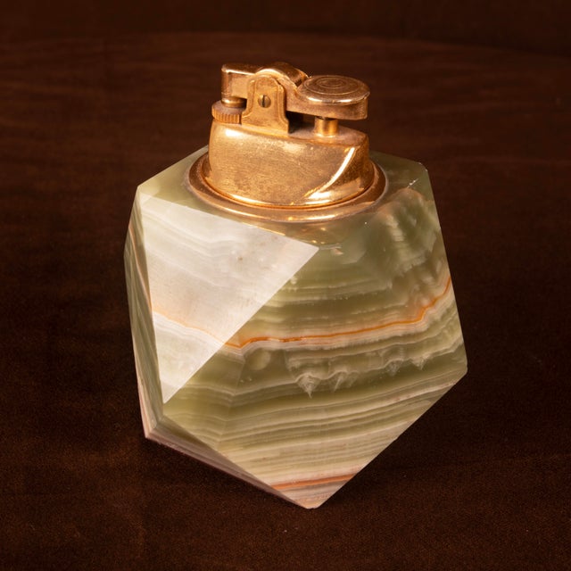 Forest Green Italian Geometric Green Onyx and Brass Table Lighter, 1970 For Sale - Image 8 of 15