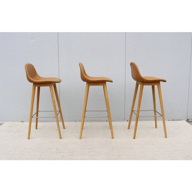 Danish Iskos-Berlin for Muuto Brown Leather Fiber Bar Stools Oak Base - Set of 3 For Sale - Image 10 of 18