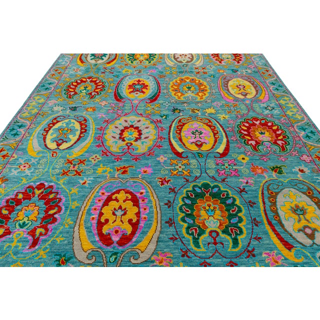 Contemporary Vibrant Oushak-Style Hand-Knotted Turquoise & Jewel-Tone Wool Rug For Sale - Image 11 of 12