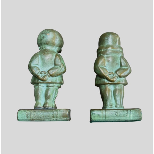 American Antique Bronze-Clad Boy & Girl Figural Bookends, Verdigris Patina, C. 1920s, Sold as a Pair For Sale - Image 3 of 10