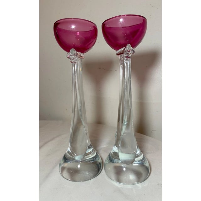 1960s 1960s Tall Pair Murano Hand Blown Alfredo Barbini Glass Candlesticks Candle Holders For Sale - Image 5 of 14