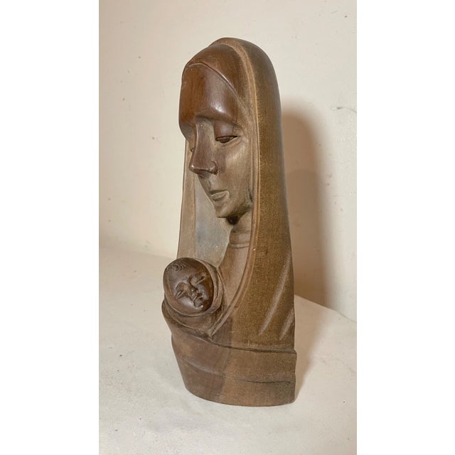 Vintage Hand Carved Wood Religious Virgin Mary Jesus Bust Statue Sculpture Art For Sale - Image 4 of 9