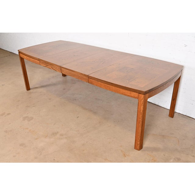 Thomasville Mid-Century Modern Patchwork Oak Parsons Extension Dining Table, Newly Refinished For Sale - Image 12 of 12