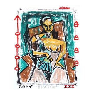 Cubist Chair Pose - Original Cubist Pop Art Acrylic Painting on Newspaper by Gary John For Sale