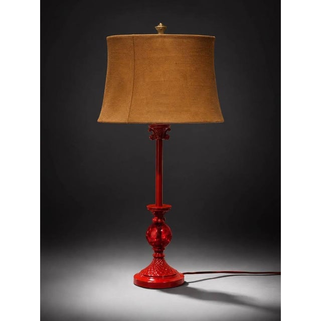 Traditional Vintage-Style Red Glass Table Lamp With Textured Burlap Shade For Sale - Image 3 of 4